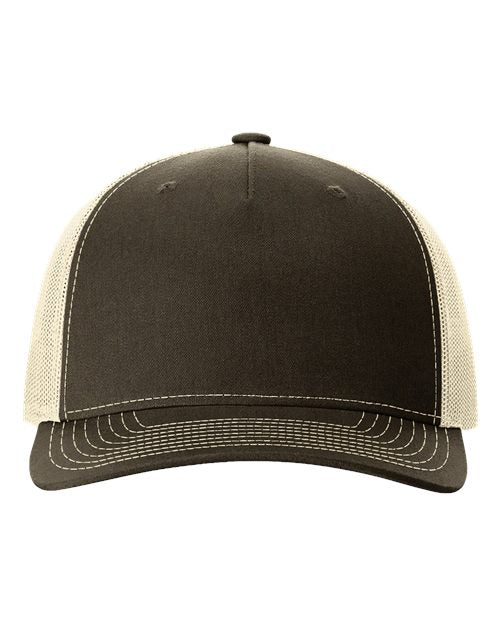Front view of the Richardson 112FP by Richardson, a two-tone baseball cap with a dark brown front, light beige polyester mesh back, curved brim, white stitching, and adjustable snapback closure for sustainable style.