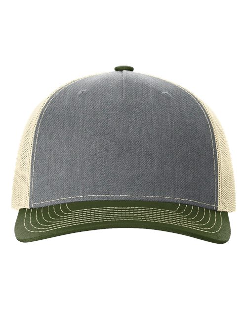 The Richardson 112FP by Richardson is a gray and green trucker cap with a solid front panel, green bill, beige polyester mesh sides and back for comfort, and a classic snapback closure. Shown from the front.