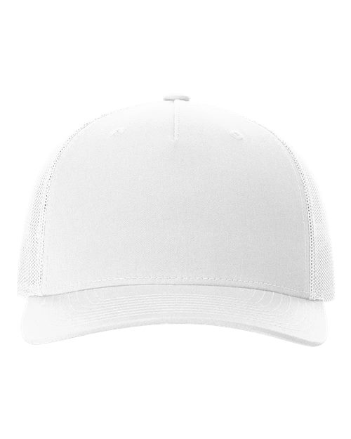 The Richardson 112FP by Richardson is a plain white baseball cap featuring a curved brim and polyester mesh back panels, shown from the front against a white background.