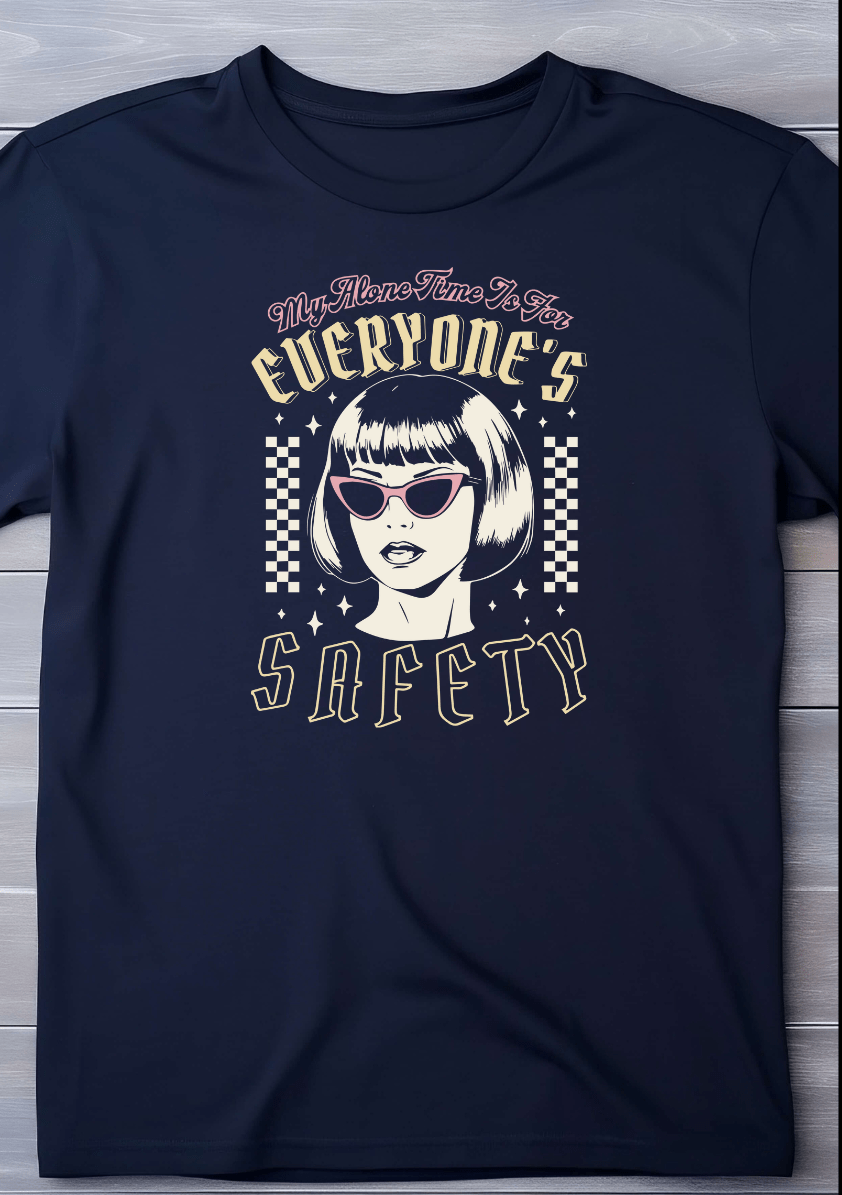 The My Alone Time t-shirt by DB Custom Creations features a navy retro design with a short-haired woman in cat-eye sunglasses, checkered accents, and the phrase My Alone Time Is For Everyones Safety in DTF print.