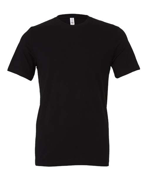 The BELLA + CANVAS 3001 is a unisex black t-shirt with short sleeves and a crew neck, made from Airlume combed and ring-spun cotton, shown on a white background.