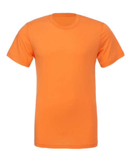 The BELLA + CANVAS 3001 is a plain orange unisex t-shirt shown from the front on a white background. It features no logos or designs and is made from Airlume combed, ring-spun cotton with sustainable manufacturing practices.
