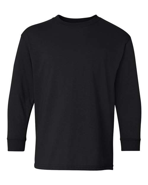 The Gildan 5400B is a plain black long-sleeve crewneck shirt made with soft cotton, displayed front-facing on a white background with no logos or designs visible.