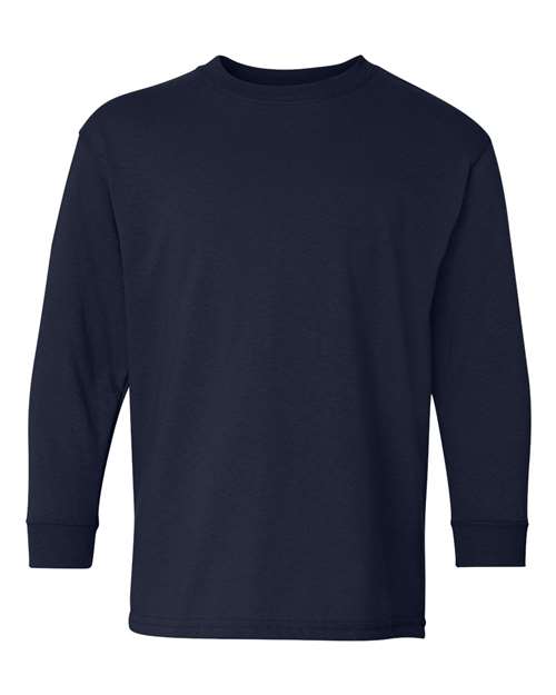 The Gildan 5400B is a plain, long-sleeve navy blue crew neck t-shirt made with soft cotton, shown on a white background. It features a simple, logo-free design for timeless versatility.