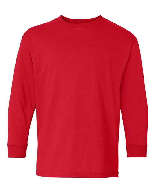 The Gildan 5400B is a solid red, plain long-sleeve crew neck t-shirt made from Heavy Cotton for durability and comfort. Displayed on a white background, it features no designs, logos, or patterns.