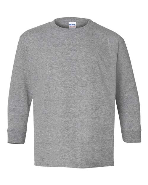 A Gildan 5400B long-sleeve gray T-shirt made with Heavy Cotton, ribbed cuffs, and a crew neckline is displayed on a white background.