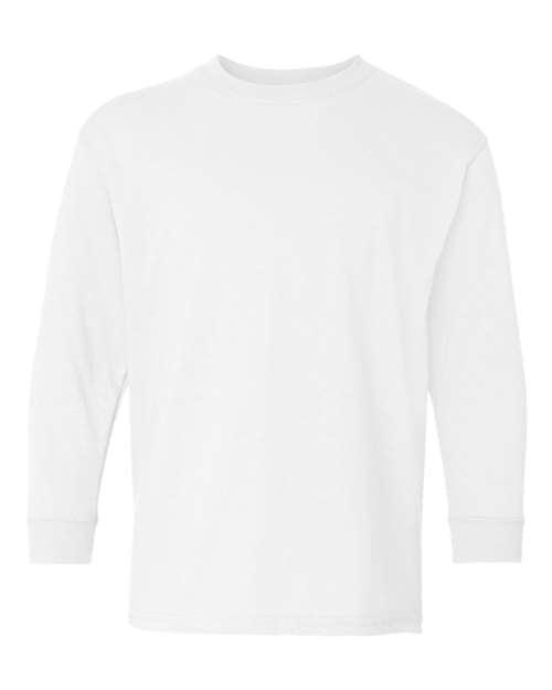 The Gildan 5400B is a plain white, long-sleeve shirt with a crew neckline and ribbed cuffs. Displayed on a white background, its made from soft cotton for comfort and features a simple, unadorned design.
