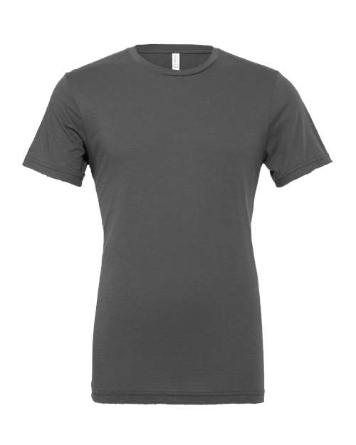The BELLA + CANVAS 3001 is a plain, short-sleeved unisex t-shirt in dark gray, shown on a white background. Made from Airlume combed and ring-spun cotton, it has a classic crew neck and fitted design with no visible logos or graphics.