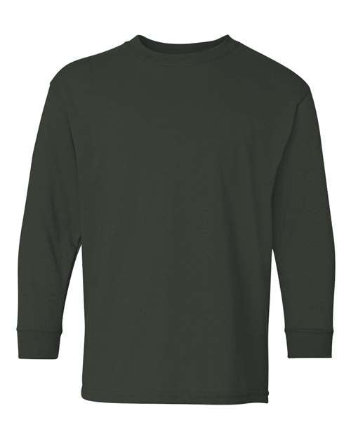 A Gildan 5400B long-sleeve crew neck shirt in solid black or dark green, made from Heavy Cotton with no visible logos, patterns, or designs. Displayed on a white background.