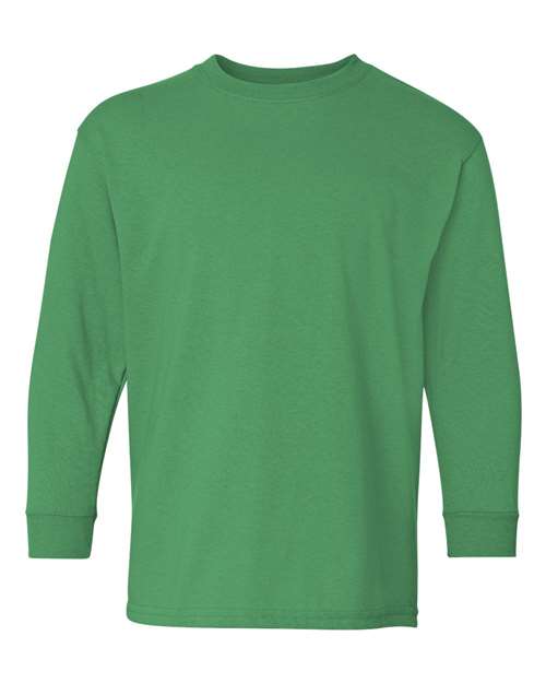 The Gildan 5400B is a plain green long-sleeve crewneck shirt made from Heavy Cotton, shown on a white background. Its simple design has no logos, patterns, or buttons, offering both comfort and durability.