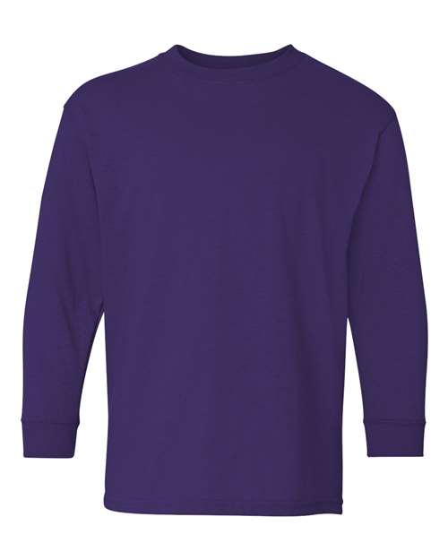 A solid purple Gildan 5400B long-sleeve crew-neck shirt, made with Heavy Cotton and soft cotton technology, is displayed on a white background.