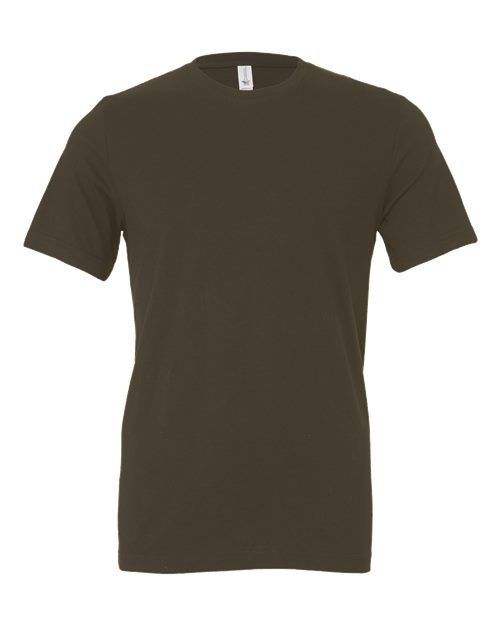 The BELLA + CANVAS 3001 is a unisex, short-sleeve crew neck t-shirt in solid dark olive green, made from soft Airlume combed and ring-spun cotton, shown on a white background.