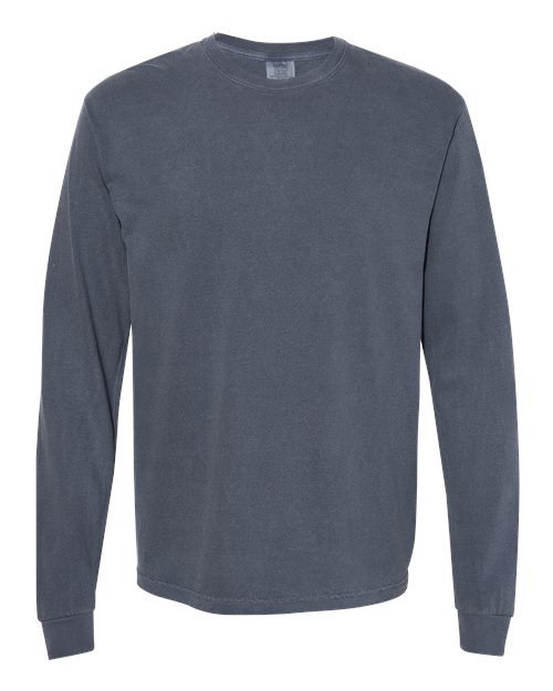 The Comfort Colors 6014 is a solid dark gray, long-sleeved crewneck t-shirt made from ring spun cotton, shown on a white background.