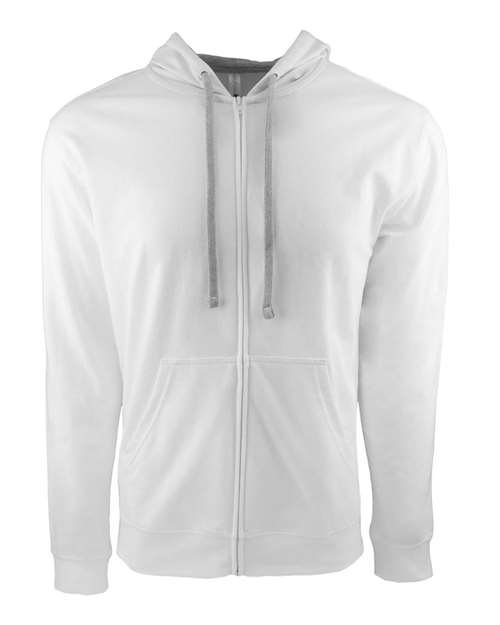 The Next Level 9601 is a unisex white zip-up hoodie, made from a soft cotton-poly blend. It features a front zipper, two pockets, drawstring hood, and tear-away label, shown on a white background.