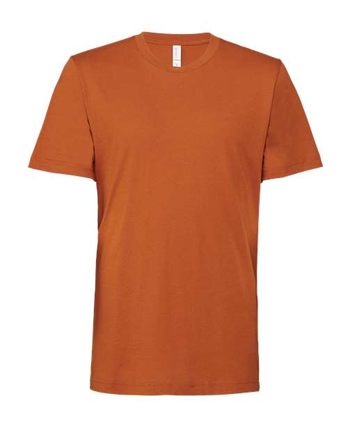 The BELLA + CANVAS 3001 is a unisex, crew-neck t-shirt with short sleeves in solid burnt orange, crafted from premium Airlume combed and ring-spun cotton, shown on a white background.