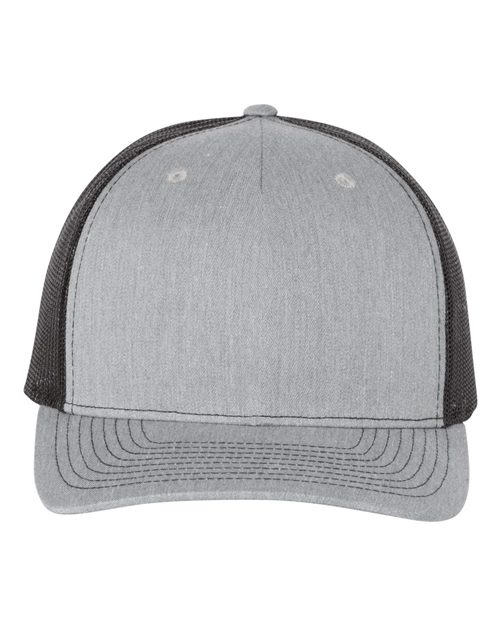 The Richardson 112FP by Richardson is a gray baseball cap with a curved brim and black polyester mesh back panels, shown from the front against a white background.