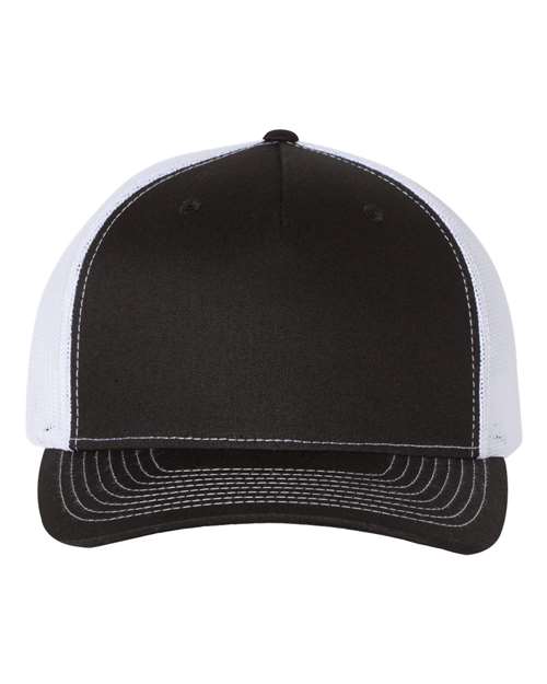 The Richardson 112FP by Richardson is a black and white trucker hat with a black front panel and bill with white stitching, plus a polyester mesh back and adjustable snapback closure for comfort.