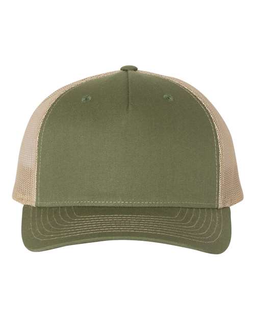 The Richardson 112FP by Richardson is a green trucker hat featuring a solid front panel, matching bill, and beige polyester mesh back panels, shown from the front.