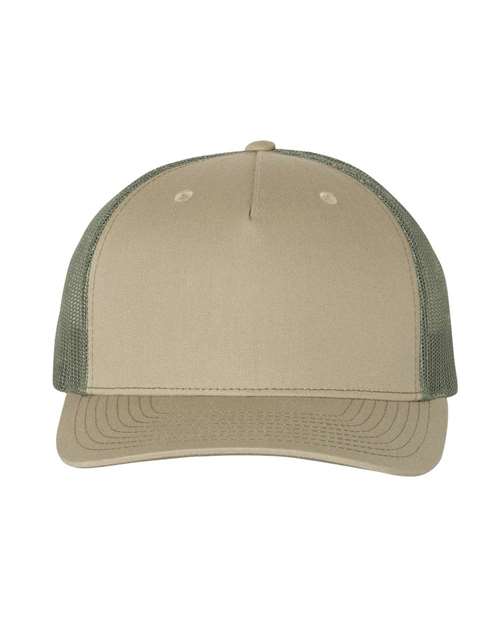 The Richardson 112FP by Richardson is a beige trucker hat with a solid front panel, polyester mesh back, and curved brim, shown from the front against a white background.