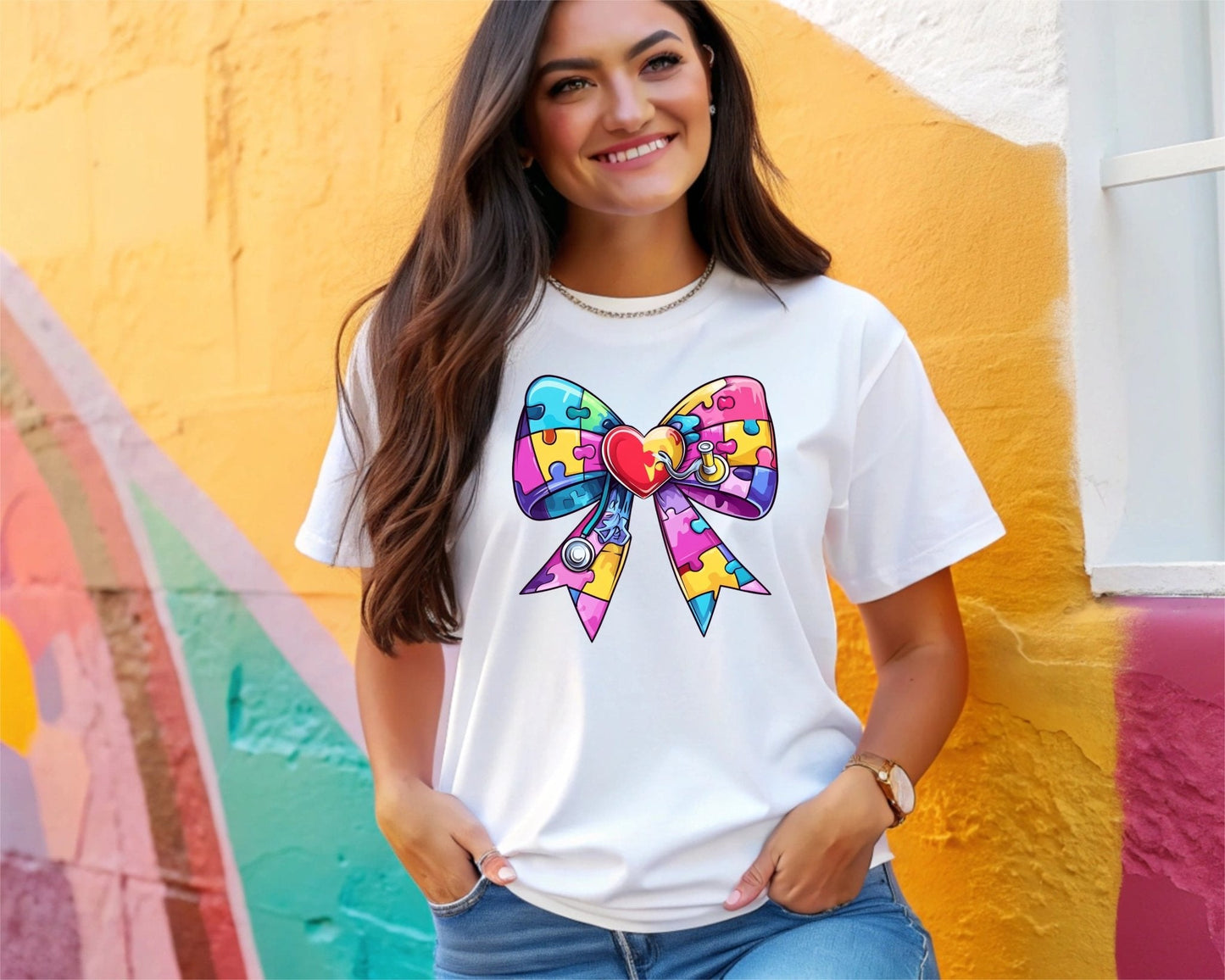 A smiling woman stands by a colorful wall, wearing the Autism Bow t-shirt from DB Custom Creations. It features a vibrant puzzle piece bow with a red heart, printed using 11-inch DTF for vivid, lasting results.