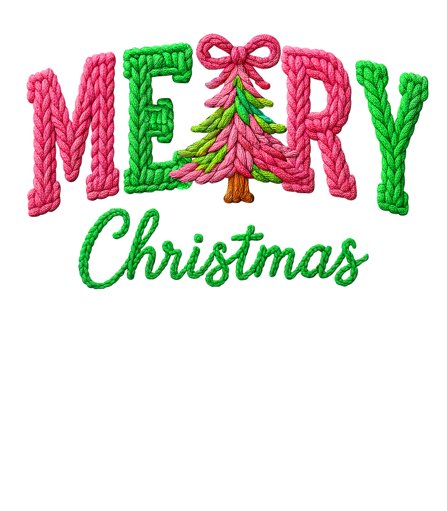 The image showcases the DB Custom Creations "Crochet Merry Christmas" design, with MERRY in pink and green crochet style, the E as a Christmas tree, and "Christmas" in green script below.