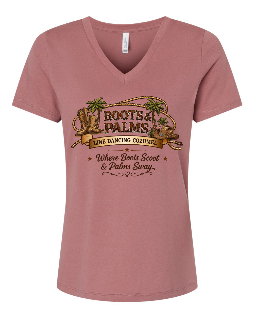 The Ladies Bella Canvas Relaxed Jersey V-Neck Tee by DB Custom Creations is a mauve, ringspun cotton shirt featuring cowboy boots, palm trees, and "Boots & Palms Line Dancing Cozumel. Where Boots Scoot & Palms Sway.