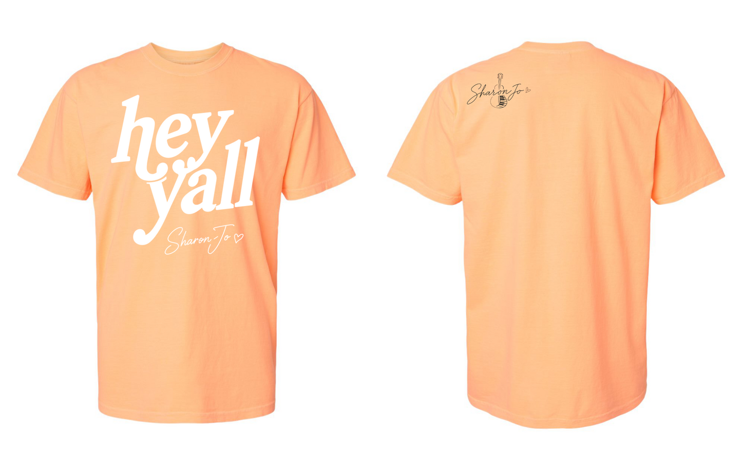 Front and back views of a peach "Love You Bye Guitar" T-shirt by DB Custom Creations. The front says “hey y’all” with “Shane Jo” below, while the back features a “Shane Jo” signature and guitar sketch near the neckline.