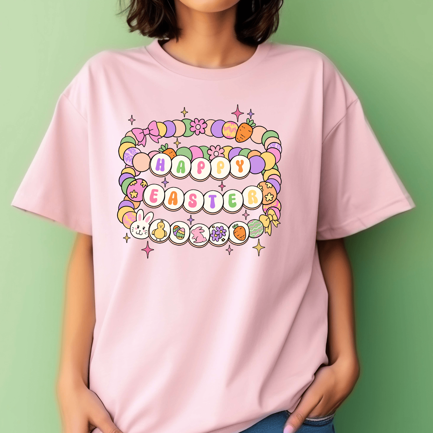 A woman wearing a light pink t-shirt with a pastel Easter design stands against a green background, showcasing the DB Custom Creations Easter Friendship Bracelet decorated with beads, flowers, stars, and cute icons.