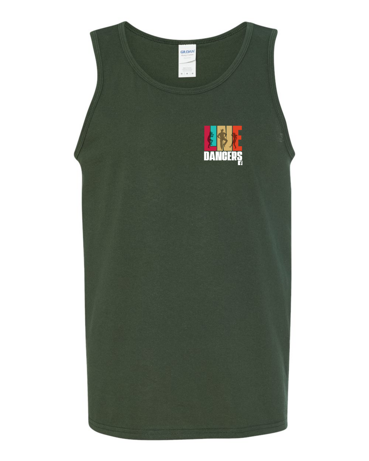 The DB Custom Creations Gildan Forest Green Tank Tops Line Dancers features a small, colorful logo with silhouetted dancers and block letters in red, orange, yellow, and green on the left chest.