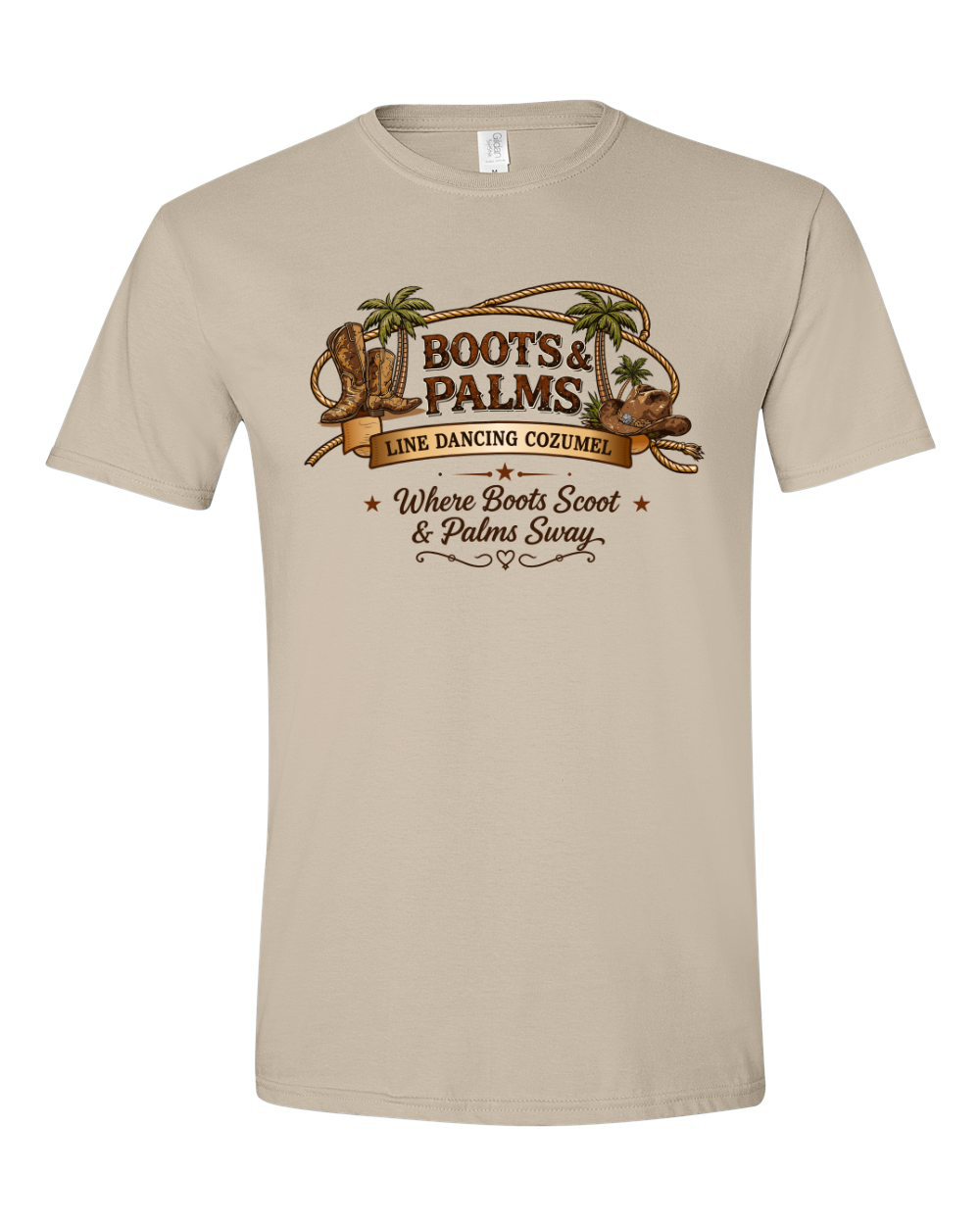 Here’s the rewritten sentence using your product data: The Unisex Gildan Softstyle 64000 Boots and Palm Sand t-shirt by DB Custom Creations features a beige semi-fitted design with Boots & Palms Line Dancing Cozumel and Where Boots Scoot & Palms Sway text, complemented by illustrations of cowboy boots, palm trees, and a lasso. Made from Softstyle ring-spun cotton for all-day comfort and an ultra-smooth feel.