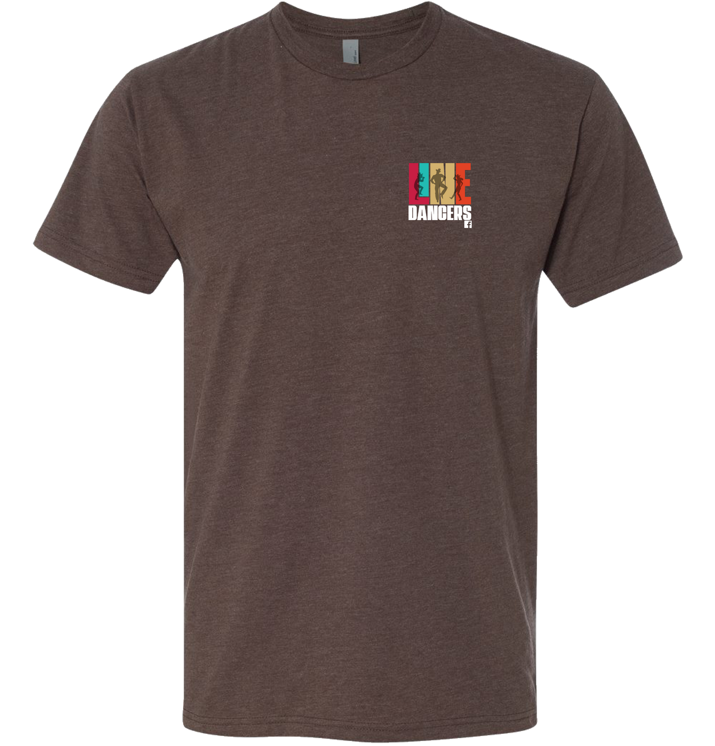 The DB Custom Creations Next Level 6210 Line Dancers is a brown short-sleeve tee made from soft combed ring-spun cotton, with “DANGERS” and four colorful abstract bars on the left chest for a modern look.