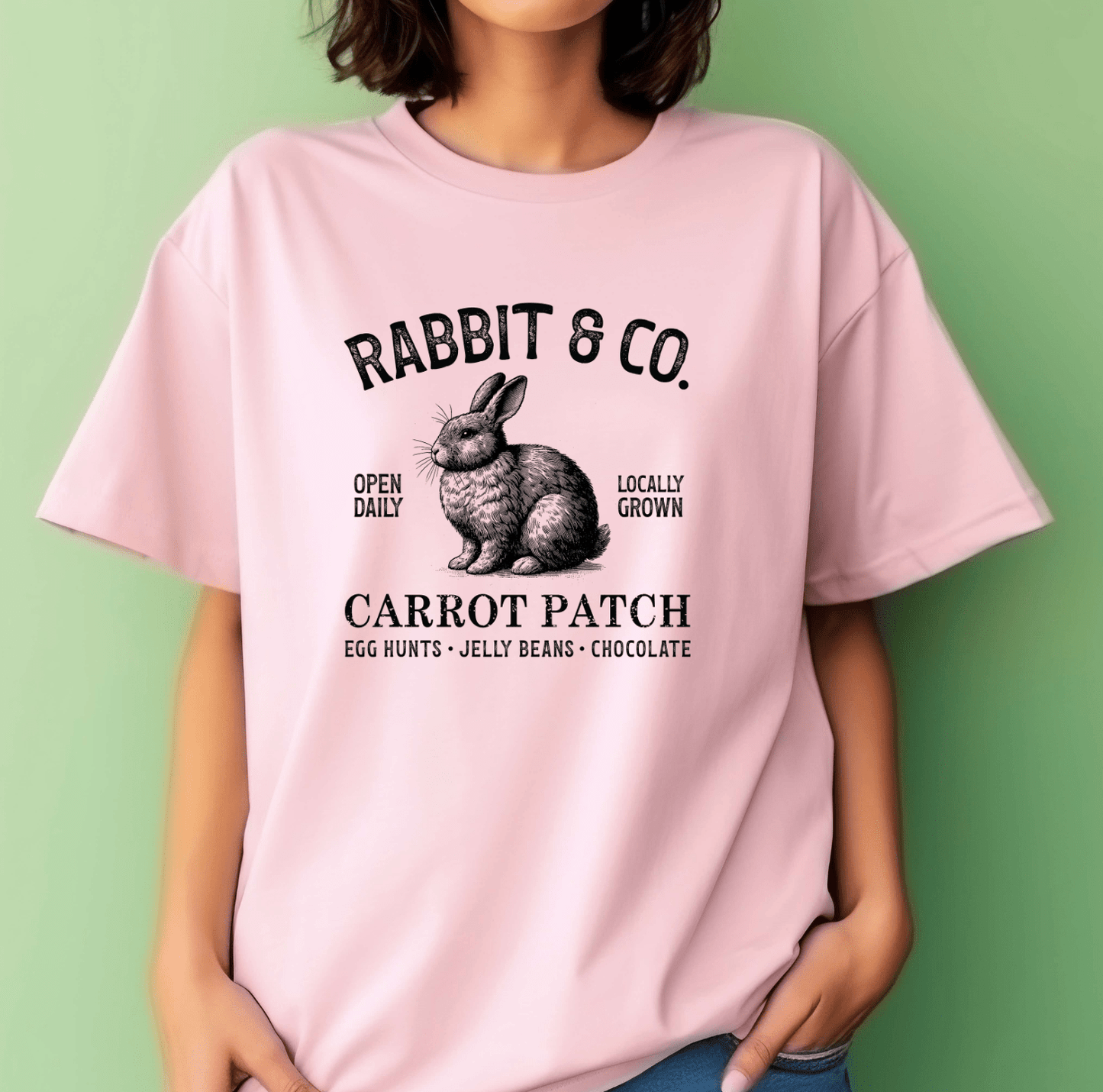 Woman wearing a Rabbit Co. light pink t-shirt by DB Custom Creations, featuring a vintage rabbit illustration and the text: Rabbit & Co. Carrot Patch – Open Daily, Locally Grown, Egg Hunts, Jelly Beans, Chocolate. Green background.