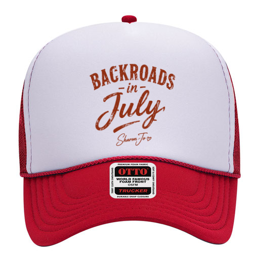 The Red and White Hat Back Roads by DB Custom Creations features “Backroads in July” and “Shawn Jo” in brown on the front, a mesh back, and a label on the brim.