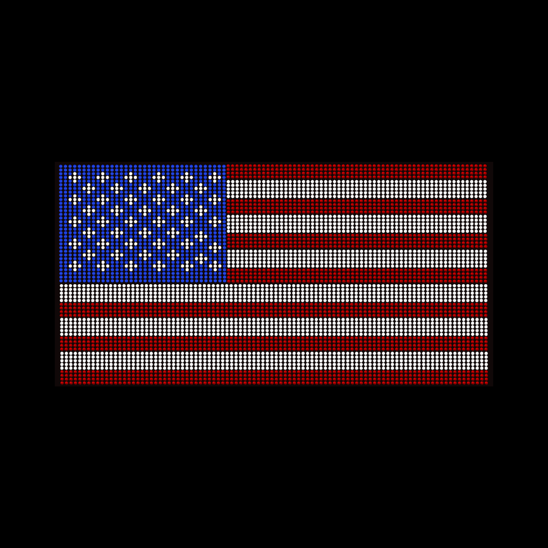 The Spangle Transfer - US Flag (10 x 5.5) by DB Custom Creations features the US flag in a grid of colored dots with red and white stripes, a blue field with white stars, all on a black background.