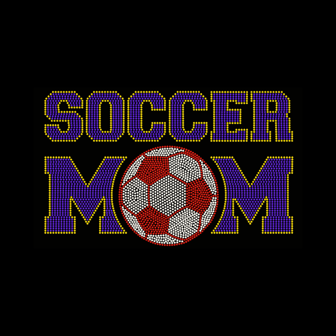 The DB Custom Creations Spangle Transfer - Soccer Mom - Colorful (10 x 6) features bold lettering with a red and white soccer ball as the O in MOM, outlined by small colored dots—ideal for vibrant fabric patches or transfers.