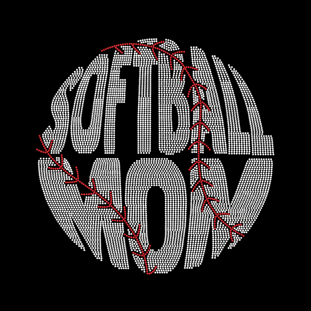 The DB Custom Creations Spangle Transfer - Softball Mom (10 x 10) features bold letters shaped like a softball with red stitching on a black background—ideal for custom heat press patches or spangle transfers.