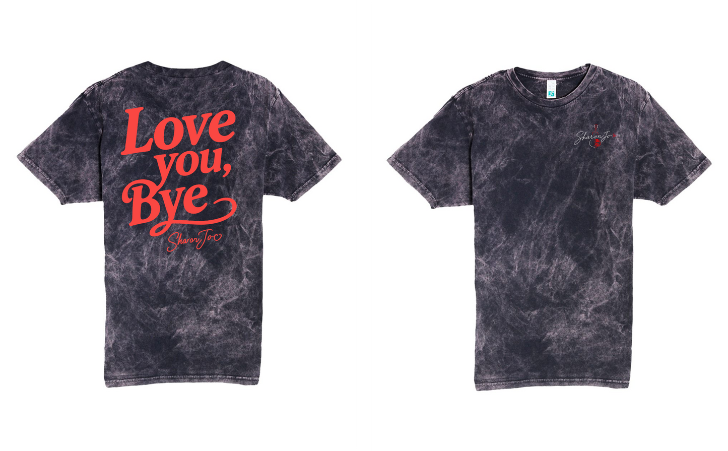 Front and back views of the Cloud Black Love you Bye t-shirt by DB Custom Creations: features a small red logo on the left chest and large “Love you, Bye” text with a signature in red on the back.