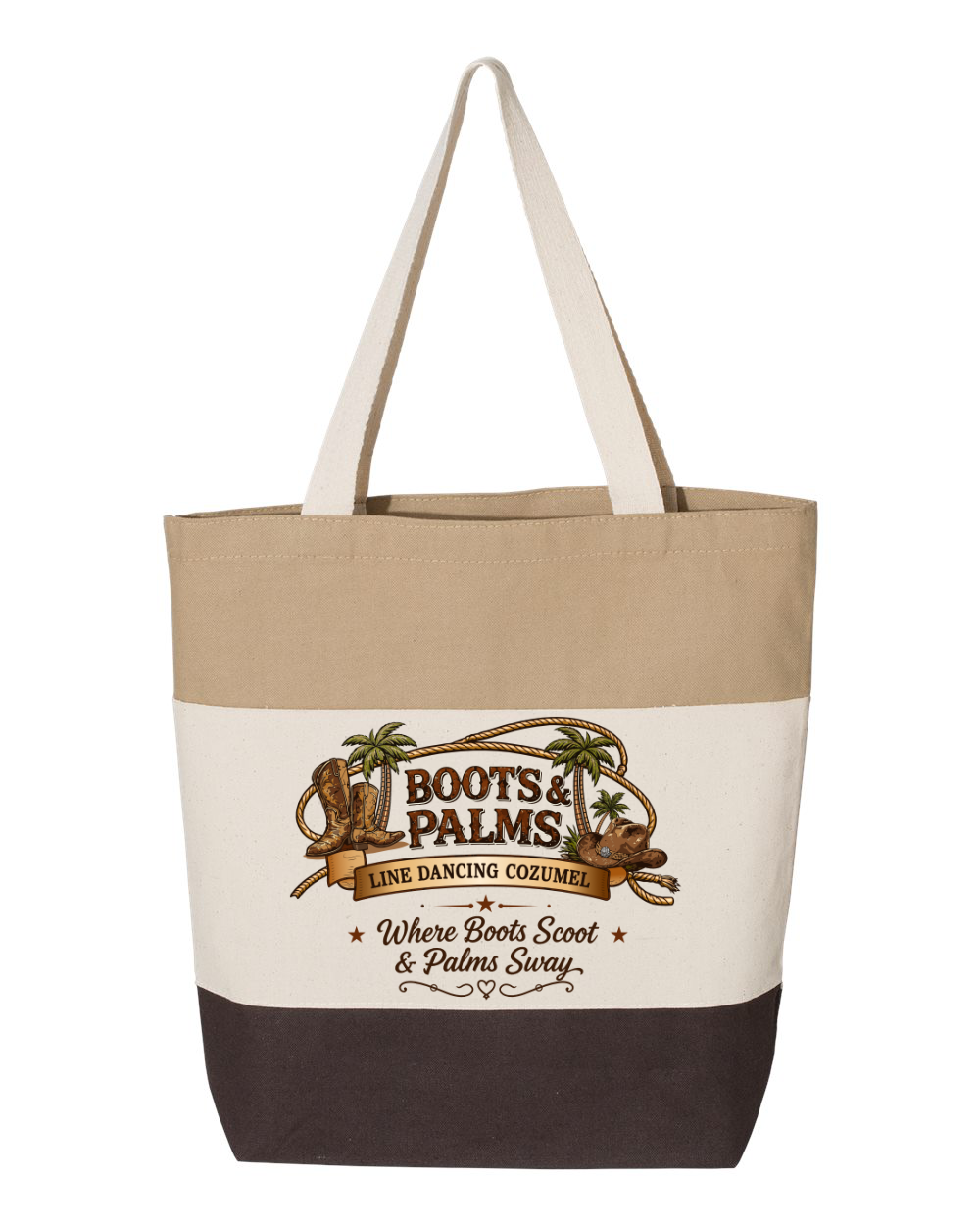 This 15-inch tri-color Tote Bag by DB Custom Creations features beige, cream, and brown panels with boot, palm tree, and lasso images plus "Boots & Palms Line Dancing Cozumel" and "Where Boots Scoot & Palms Sway" text.