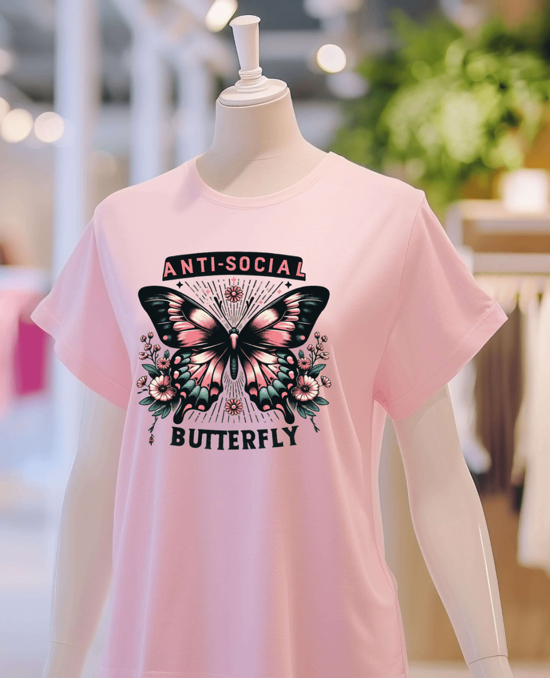A pink Anti-Social t-shirt by DB Custom Creations, displayed on a mannequin, features an 11-inch vibrant butterfly and flowers print with ANTI-SOCIAL BUTTERFLY text. Clothing racks and blurred lights appear in the background.