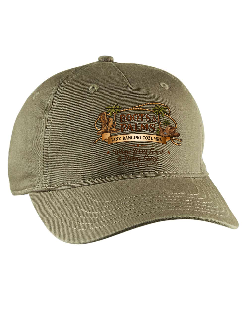 The Men's Unstructured Five-Panel Baseball Cap from DB Custom Creations features khaki organic cotton twill, an embroidered Boots & Palms Line Dancing Cozumel design, brown and green accents, and an adjustable snapback closure.
