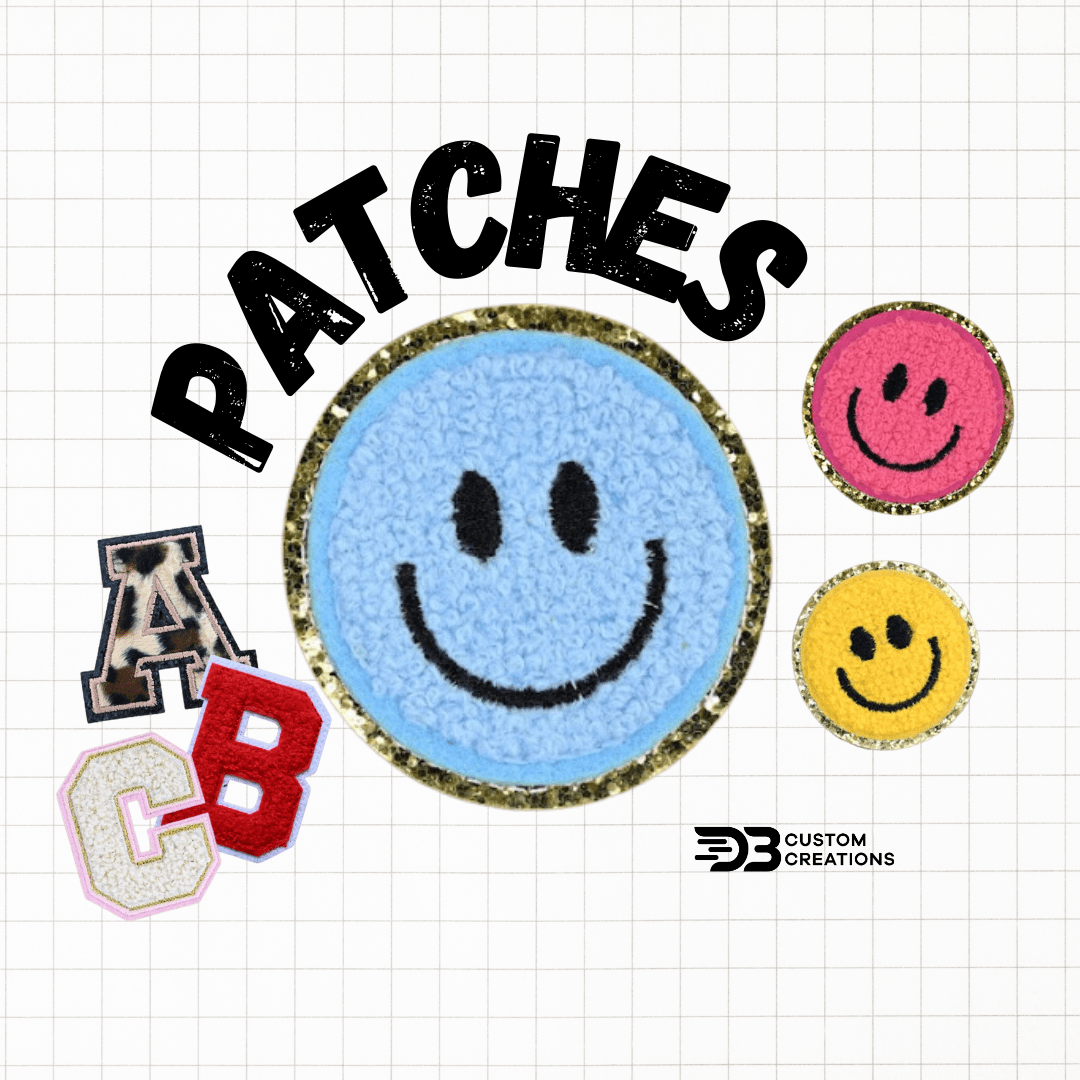 A graphic with the word PATCHES above smiley face patches in blue, pink, and yellow, letter patches A, B, and C, and the logo DB Custom Creations on a grid background.