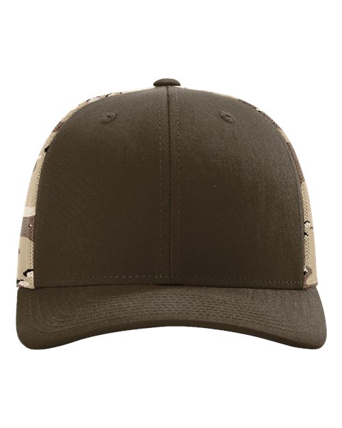 Front view of the Richardson 112PM by Richardson: green camo hat with a brown front, camouflage mesh sides and back, curved brim, stitched eyelets, and an adjustable snapback closure for a perfect fit.