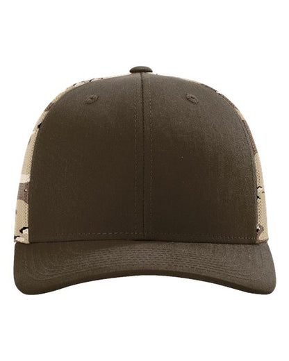 Front view of the Richardson 112PM by Richardson: green camo hat with a brown front, camouflage mesh sides and back, curved brim, stitched eyelets, and an adjustable snapback closure for a perfect fit.