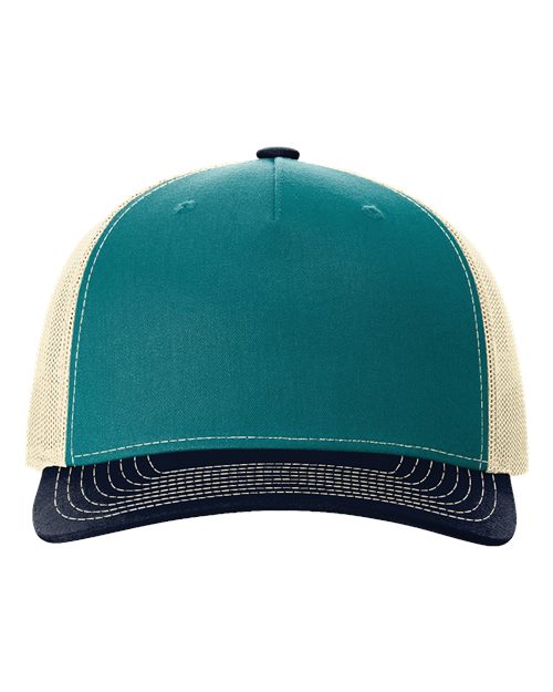 The Richardson 112FP by Richardson is a teal and cream trucker hat featuring a teal front panel, polyester mesh back and sides, and a navy blue brim, shown from the front.