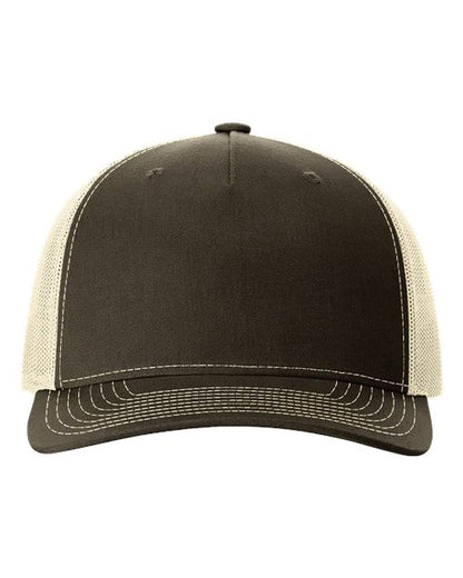Front view of the Richardson 112FP by Richardson, a two-tone baseball cap with a dark brown front, light beige polyester mesh back, curved brim, white stitching, and adjustable snapback closure for sustainable style.