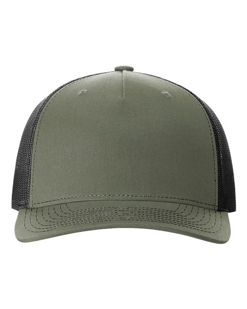 Front view of the Richardson 112FP by Richardson, an olive green trucker hat with a curved brim, black polyester mesh back panels, and a snapback closure for adjustable fit.