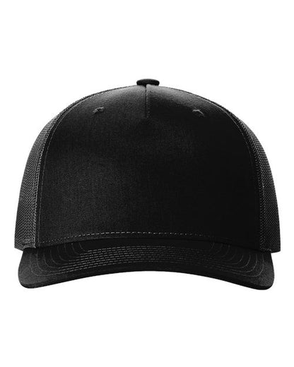 The Richardson 112FP by Richardson is a plain black trucker hat with a polyester mesh back, curved brim, and snapback closure, shown from the front against a white background.