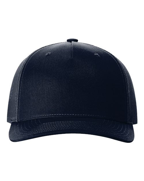 A front view of the Richardson 112FP by Richardson, a plain black trucker hat with a curved brim and polyester mesh back panels for breathability.