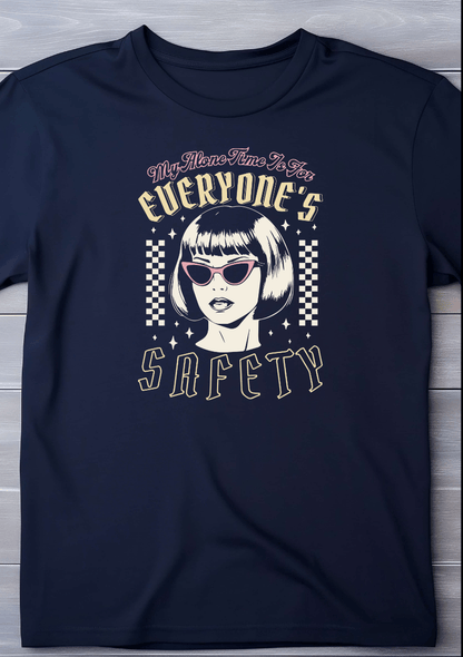 The My Alone Time t-shirt by DB Custom Creations features a navy retro design with a short-haired woman in cat-eye sunglasses, checkered accents, and the phrase My Alone Time Is For Everyones Safety in DTF print.