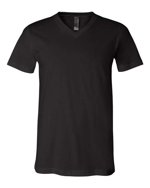 The BELLA + CANVAS 3005 is a black unisex V-neck short-sleeve t-shirt made from soft Airlume combed cotton, shown on a white background.